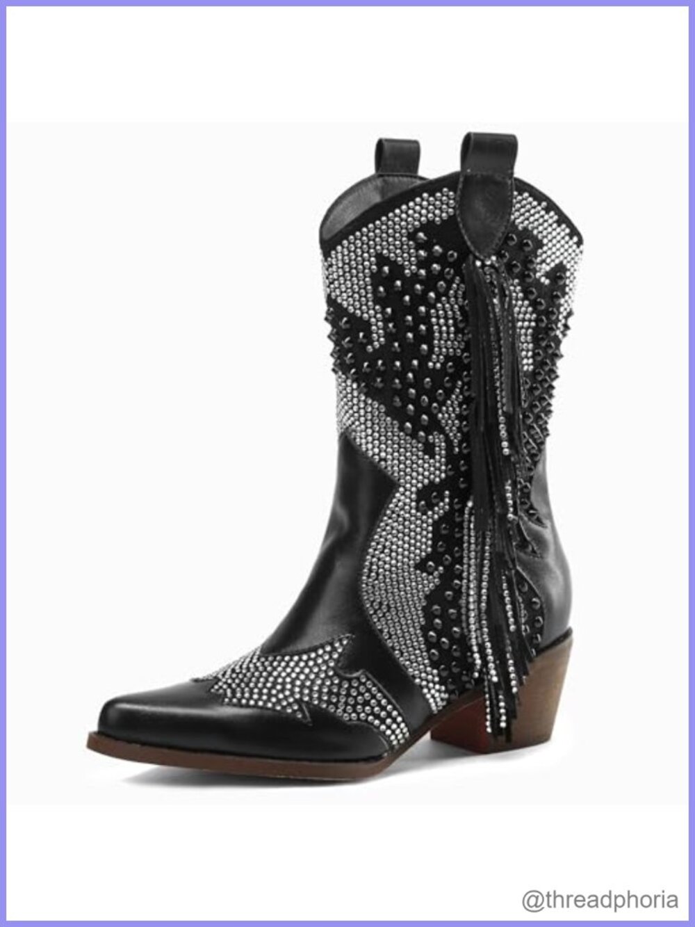 Rhinestone Cowboy Ankle Boots Pointed Toe Tassel Chunky Heel